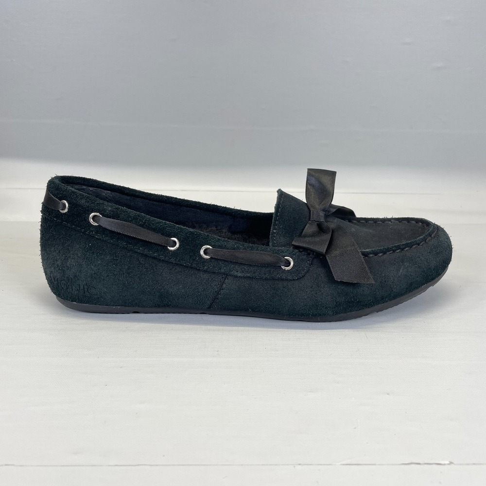 Vionic Alice Slippers Womens Size 7 Black Suede Faux Fur Moc Toe Slip On Shoes